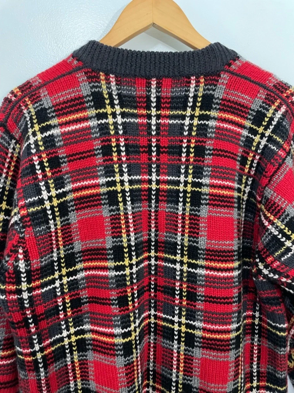 Vintage Wool Red Plaid Button-Up Cardigan with charcoal Trim M